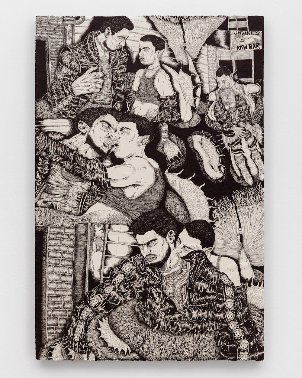 Christian Santiago, <i>You Feel Different</i>, 2024. Pen and ink on paper mounted on board, 47 x 31 1/2 in (67.3 x 80 cm)